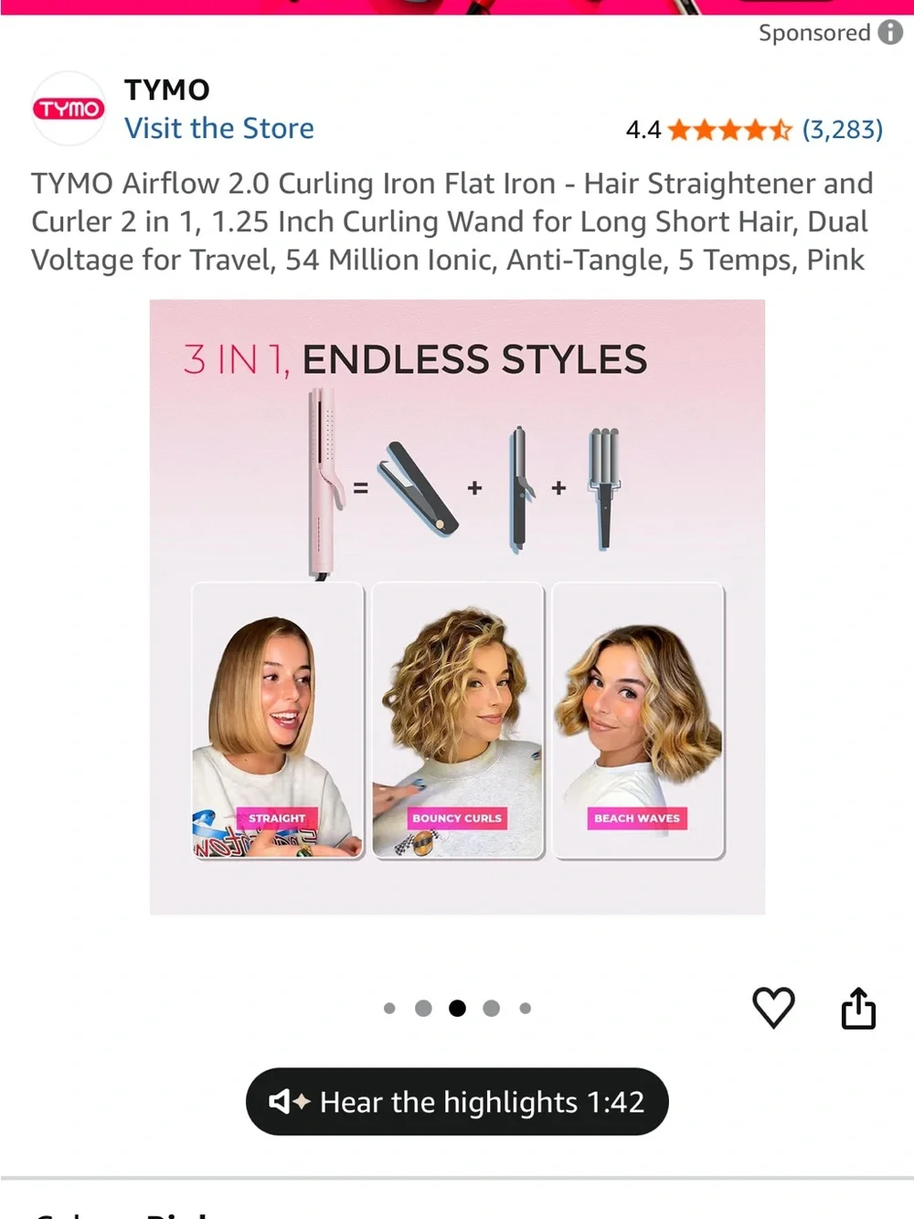 TYMO Airflow 2.0 Pink 2-in-1 Curling Iron & Flat Iron